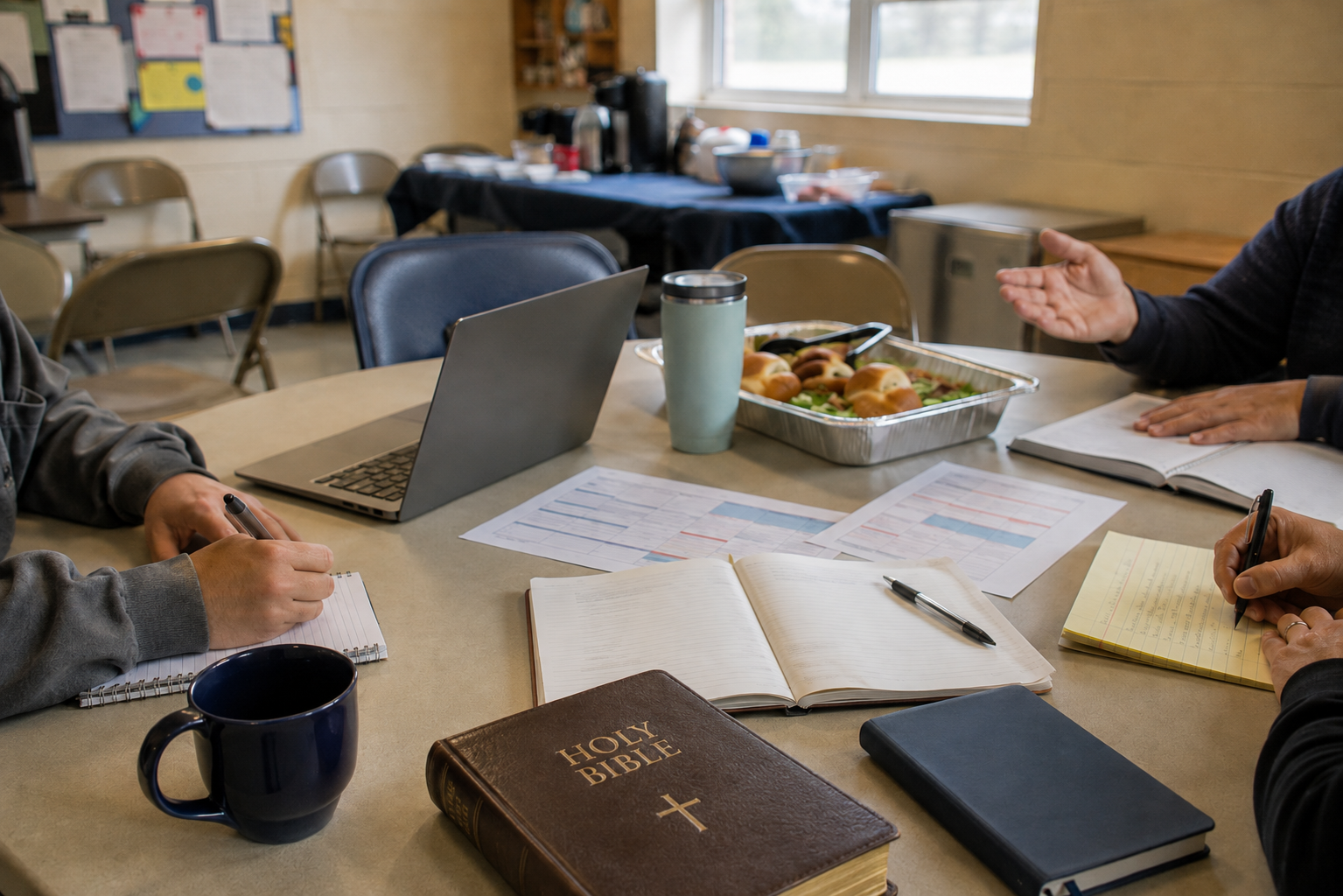 A ministry planning table in a community room