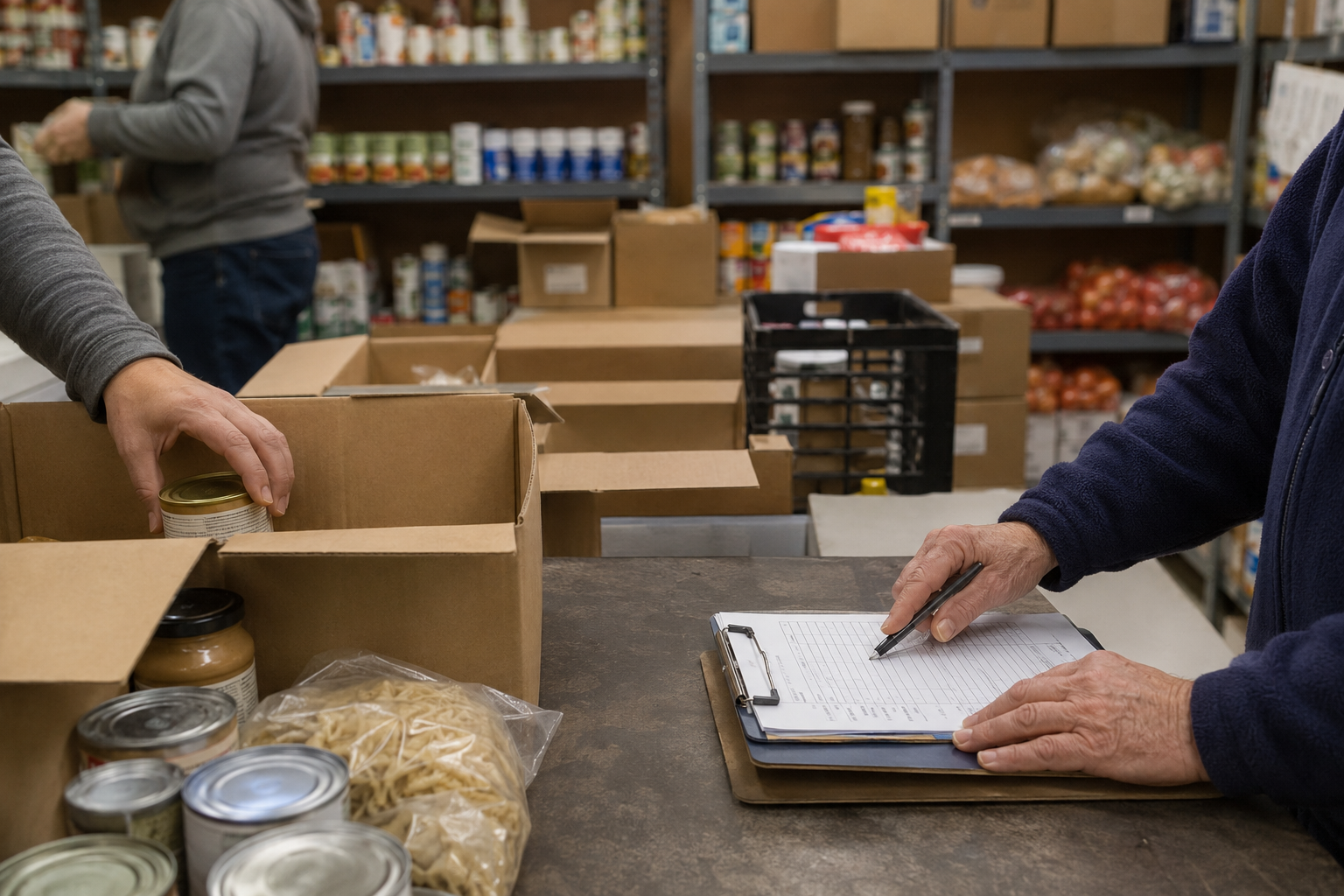 Volunteers organizing food pantry supplies and paperwork
