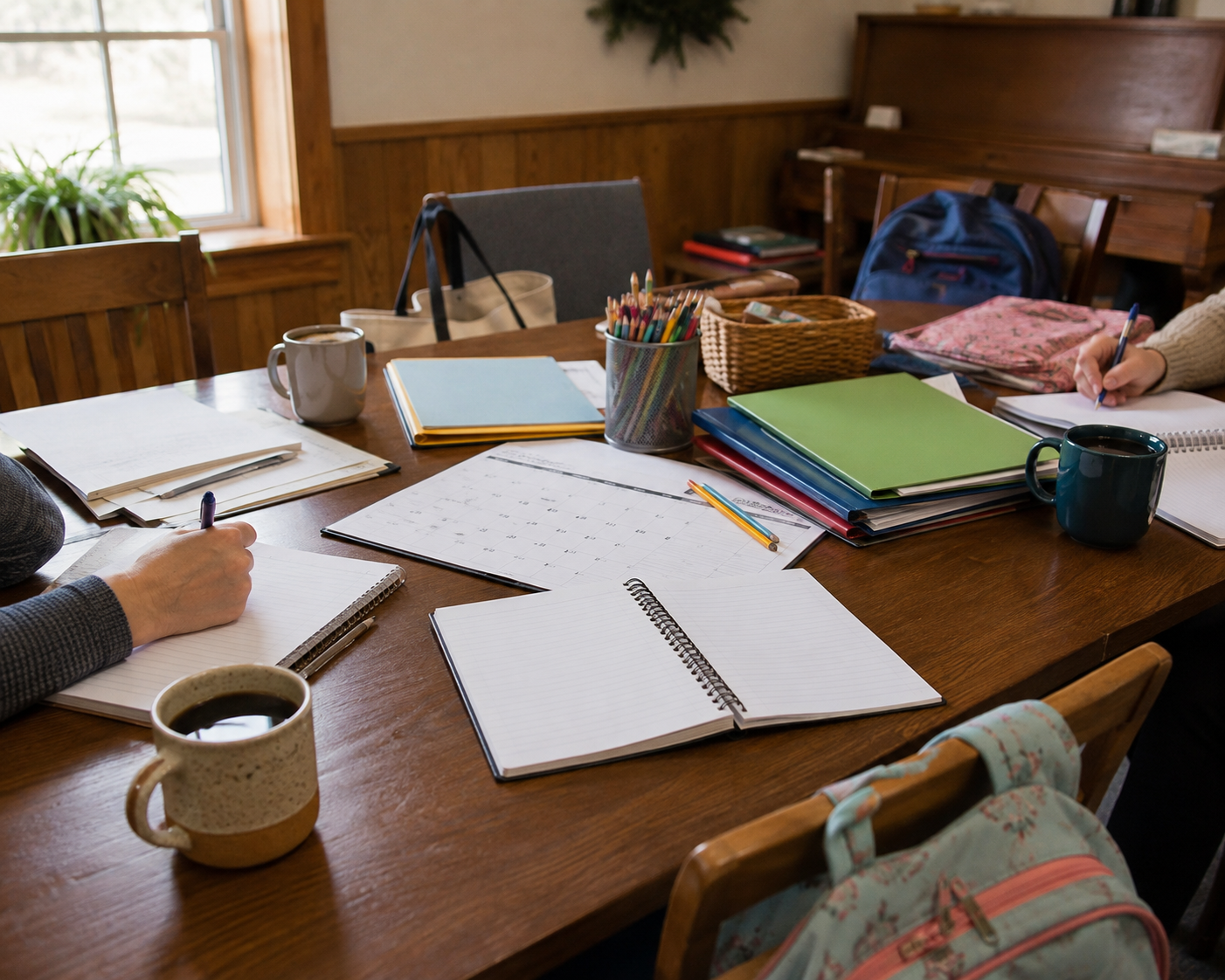 Homeschool co-op planning table with notebooks, folders, and a calendar
