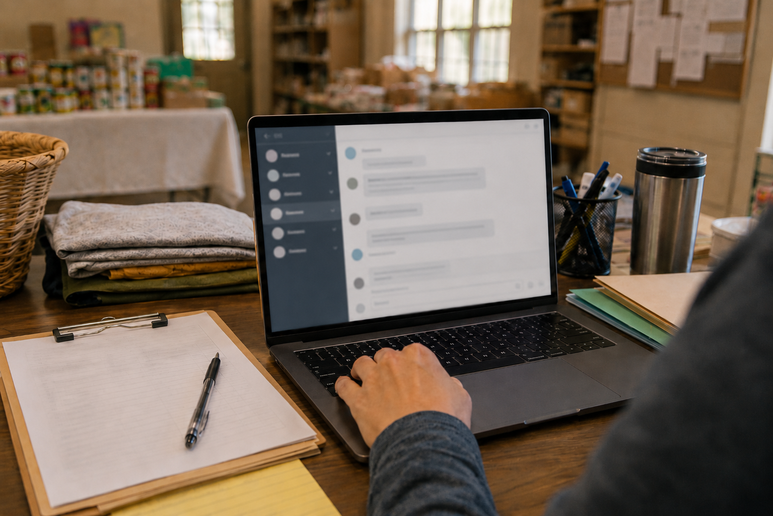 A laptop showing a private chat interface on a community organization work table
